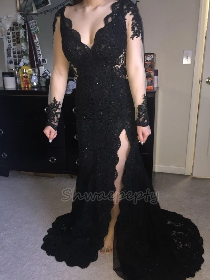 

Black Mermaid Lace Evening Dress Sexy Side Slit V-Neck Full Sleeves Long Prom Dresses For Women 2024