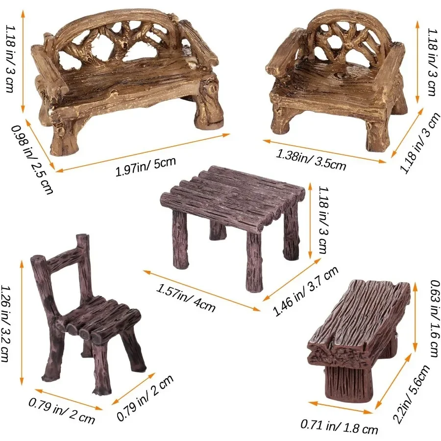 مجموعة المناظر الطبيعية الصغيرة العتيقة، كرسي مقعد من الراتنج مكون من 12 قطعة لملحقات بيت الدمى