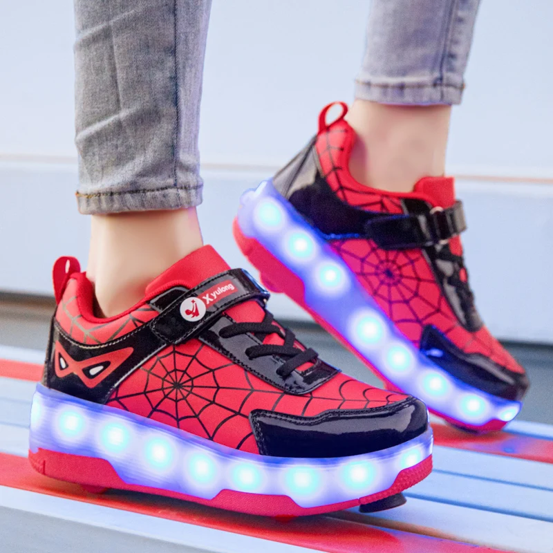 

Spider Web Design LED Light up Roller Skates Unisex Children Students Walking Shoes Chargeable Lights Wheel Skate Shoes
