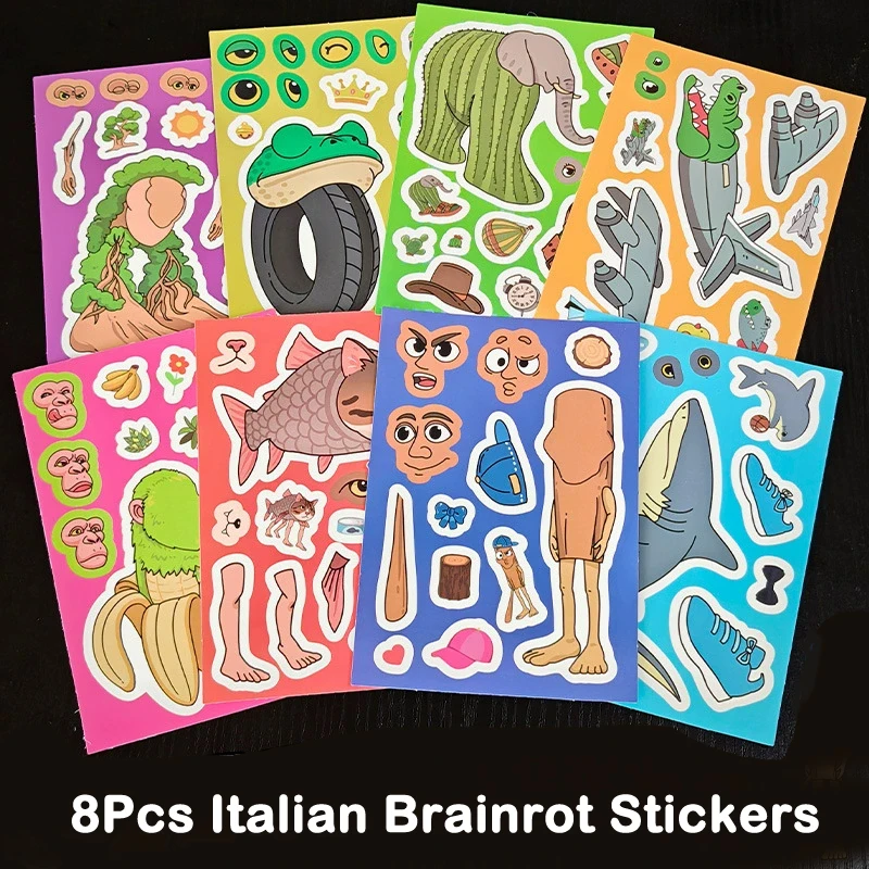 8 أوراق مجردة الحيوان جعل وجه لغز ملصقات Tung Tung Sahur الإيطالية Brainrot AI الحيوانات ملصق مائي تجميع بانوراما الاطفال اللعب