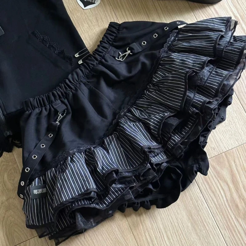 Vintage Y2K Gothic Schwarz Gestreifter Puffiger Mehrlagiger Minirock Sommer Süßer Kawaii A-Linien Rüschenrock Sexy Party-Röcke für Damen