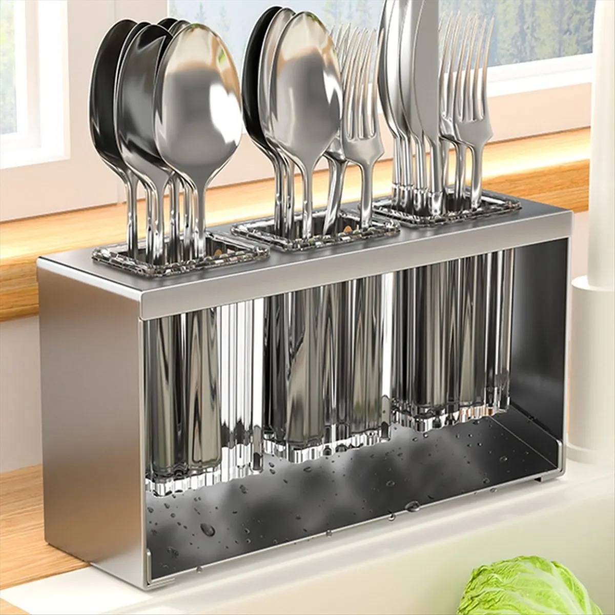 A95G Countertop Cutlery Drying Holder Cutlery Drainer Tableware Holder Box Tabletop Separated Fork Chopstick Storage Grey