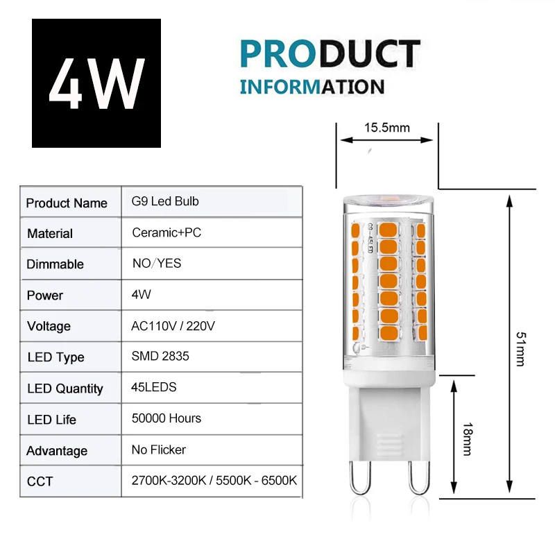 Żarówka LED z możliwością przyciemniania G9 bez migotania AC110V 220V 45LEDS 2835SMD 4W lampa LED ceramiczny uchwyt oświetlenie żyrandol