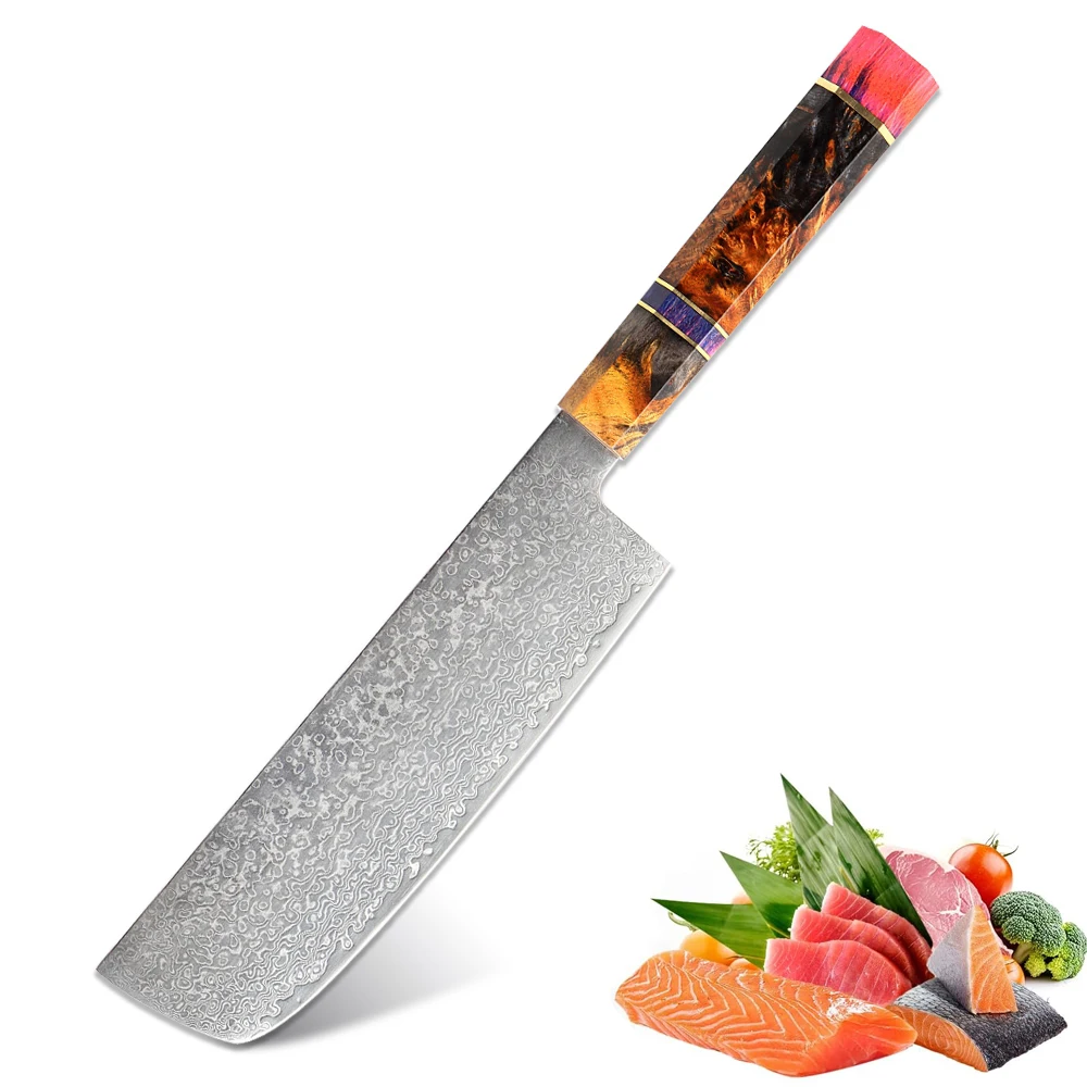 Damascus 7 Inch Nakiri Knife Japanese Damascus Steel Sharp Kitchen Knife Cooking Knife  Vegetables Slicing Octagonal Wood Handle