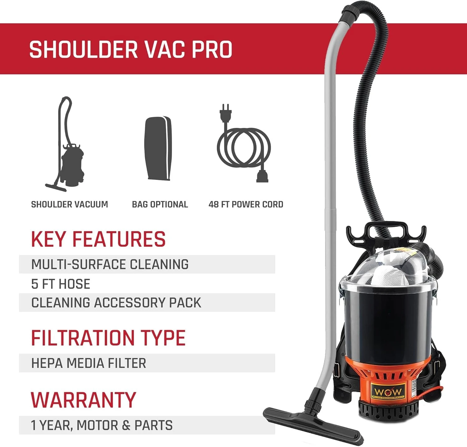 

Commercial Shoulder Vac Pro Backpack Bagged Vacuum Cleaner, with HEPA Media Filter, Lightweight with Extra Long Cord