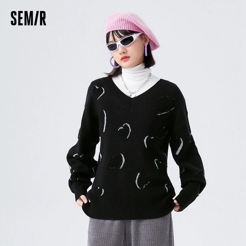 Semir Sweater Women V-Neck Love Jacquard Loose Inner Wear Winter Gentle Sweet Off-Shoulder Sweater