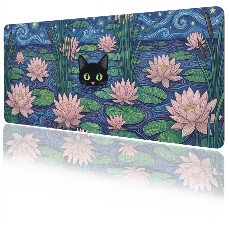 Mouse Pad Gamer Pink Lotus And Black Cat XL Custom Computer Mousepad XXL Mechanical Keyboard Pad Non-Slip Office Natural Rubber