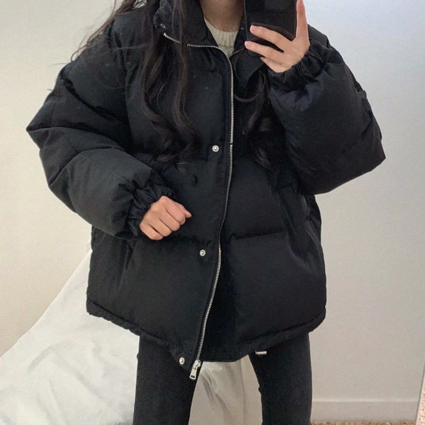 Damska zimowa kurtka w stylu retro z kołnierzem stójką, wykonana z bawełny, nowa, uniwersalna, zapinana na zamek, luźny krój w stylu koreańskim.