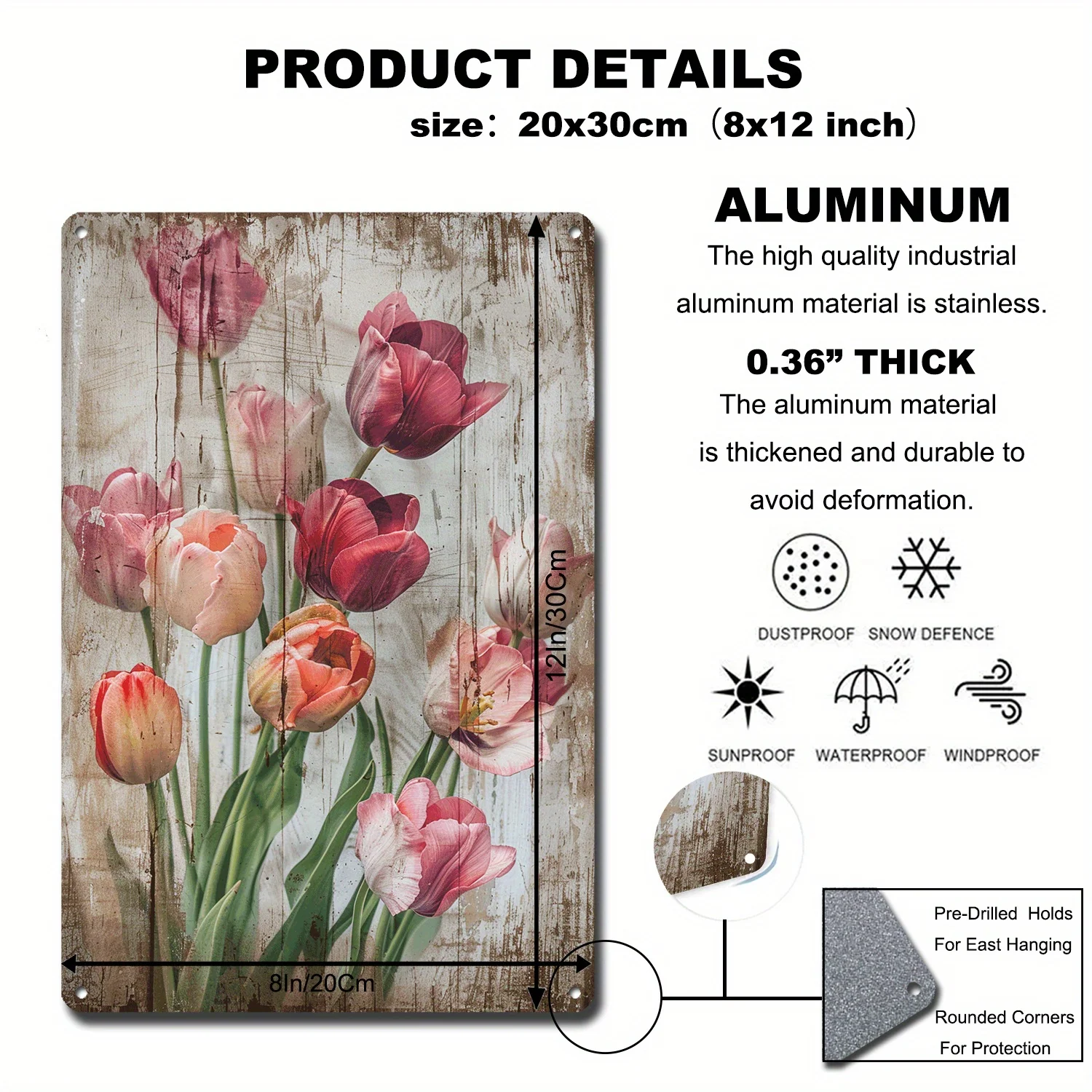 2D Flat, 2D Flat 1pc 8x12 Inch(20cm X 30cm) Vintage Tulips Tin Sign for Rustic Wall Art Shabby Chic Interiors and Corrosion Resi