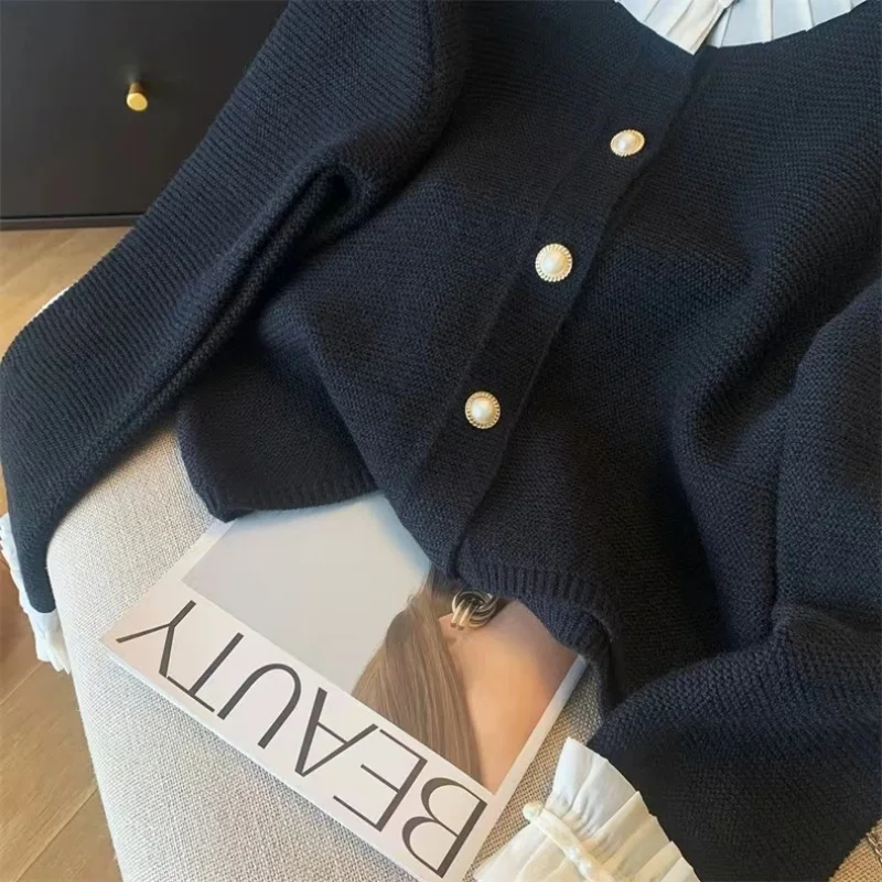 Pleated Ruffle Pearl Collar Spring And Autumn Women\'s Sandros Sweater French Cardigan Casual Fashion Women\'s Cardigan 2024 New