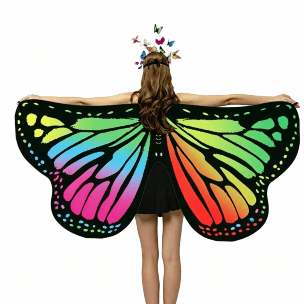 Lightweight Butterfly Wings Shawl Colorful Rainbow Gradient Fairy Wing Cape Back Decoration Soft Fabric