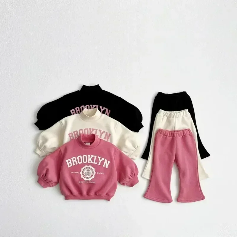 Korea Baby Girls Clothes Fleecing Sweatshirt+Sweatpants 2-piece Set Toddler Cute Bear Bell-bottoms Leisure Sport Outfit Set