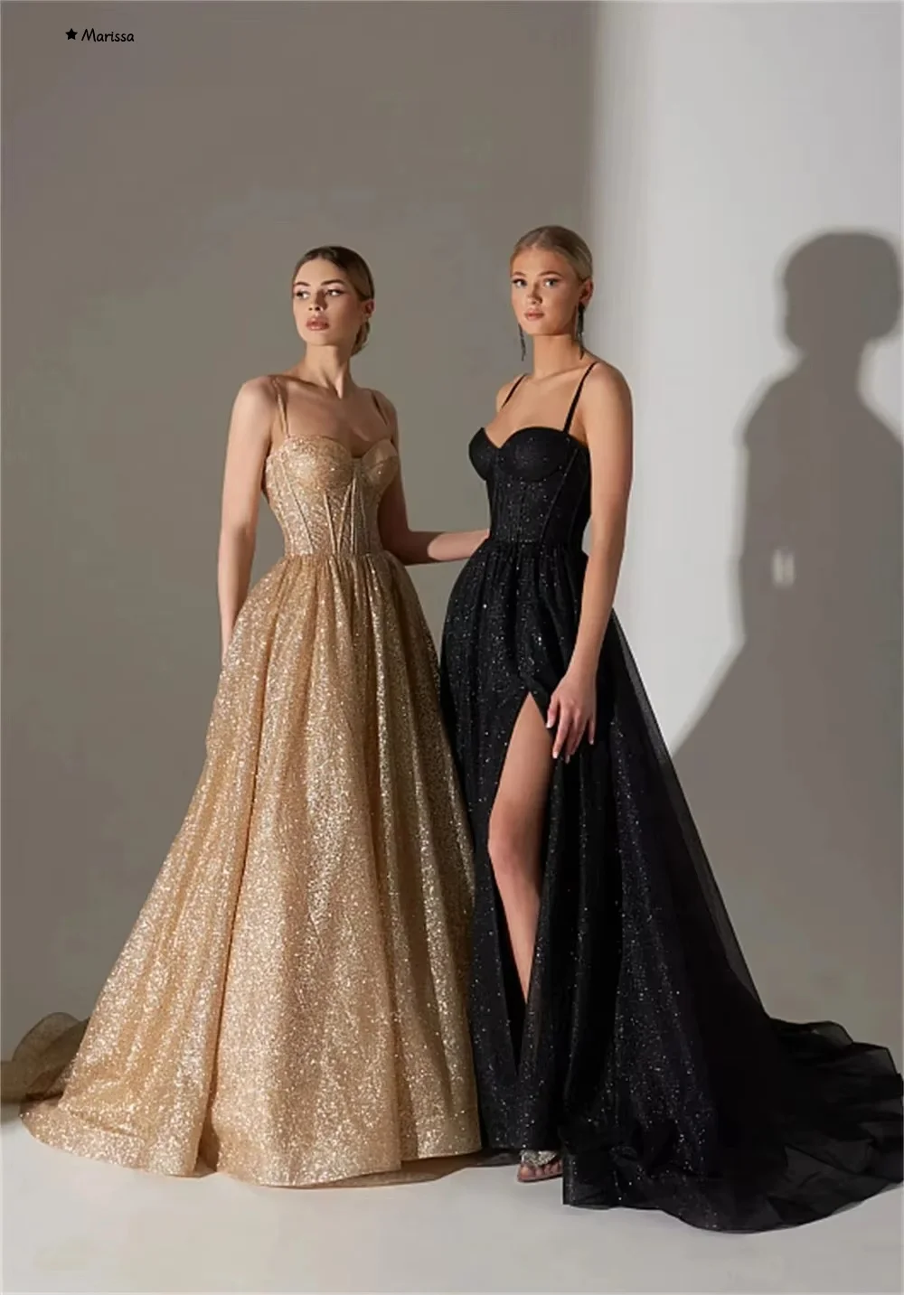 Marissa Elegant Prom Dresses 2025 A-line Sequins Golden Off-shoulder Custom Made Sleeveless Ball Gown Dresses for Luxury Party
