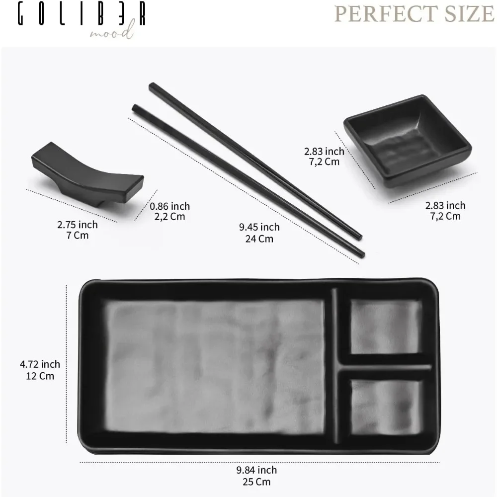 16 Piece Japanese Style Sushi Plate Set - Includes 4 sushi plates and soy sauce bowls,  Chopsticks,  Chopstick Holders