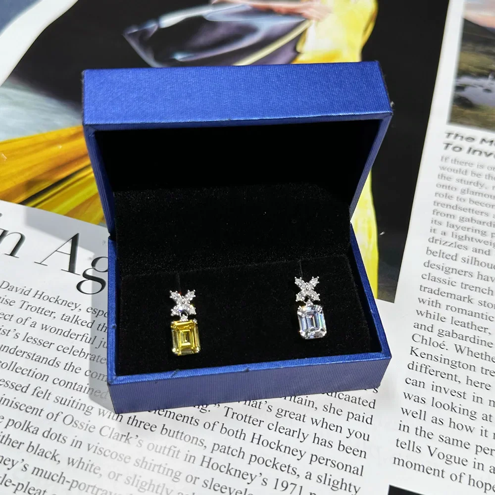 New Models Rectangular Car Flat 7 * 9mm Yellow Diamond Earrings for Women 925 Sterling Silver Earrings Small and Versatile