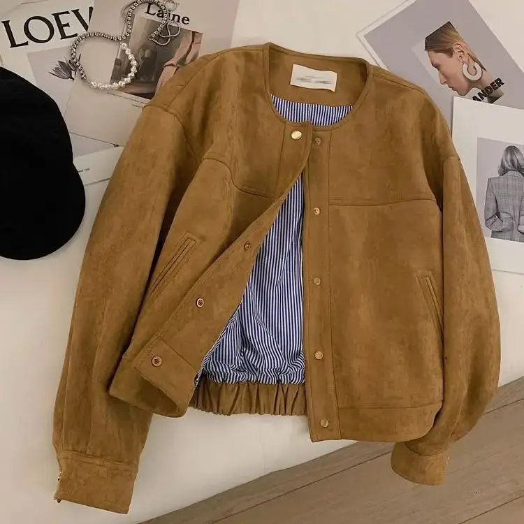 Suede Short Jacket Women Korean Camel Fashion Long Sleeve Flight Suit Harajuku Single Breasted Loose Tops Female Vintage Coats