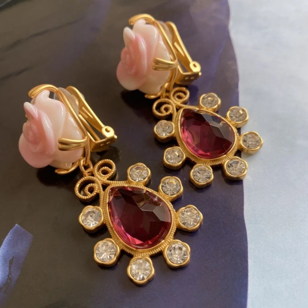 2026 New Arrival Medieval Vintage High-end Elegant Pink Rose Red Rhinestone Earrings Ear Clip Statement Jewelry for Women