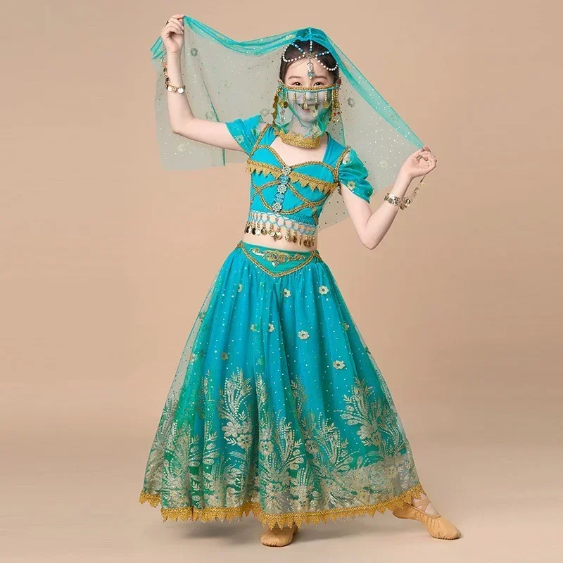 Conjunto de vestido de la parte superior de la danza del vientre de la India de la princesa Jasmine para niñas, traje de escenario de Sari árabe, ropa de Bollywood, traje Rave para niños