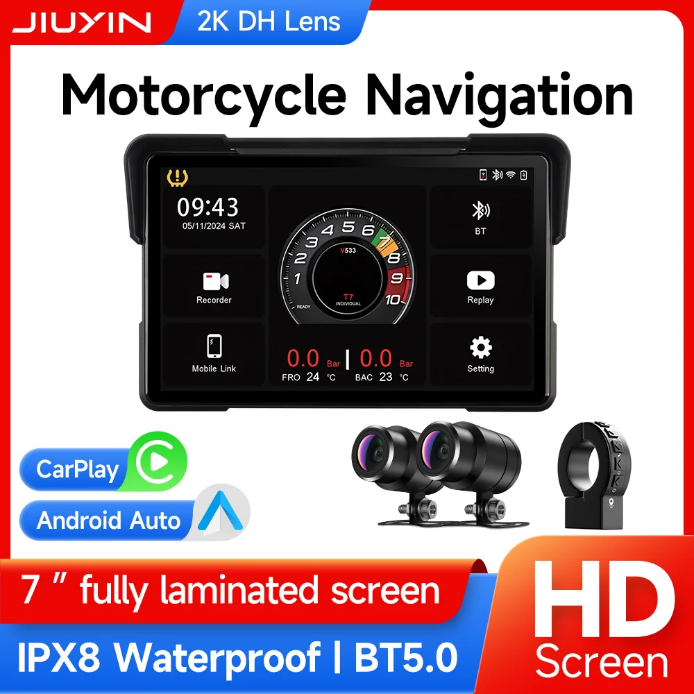 5/7 inch Motorcycle 2K HD Multimedia Player GPS Navigation Video Recorder Wireless CarPlay Android Auto IPX8 Waterproof Screen