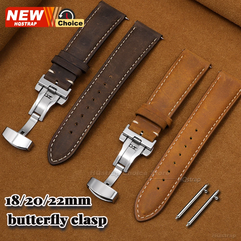 Schmetterlingsverschluss-Uhrenarmband, 18 mm, 20 mm, 22 mm, Uhrenarmband aus echtem Crazy Horse-Leder, Uhrenarmband für Damen und Herren, Zubehör