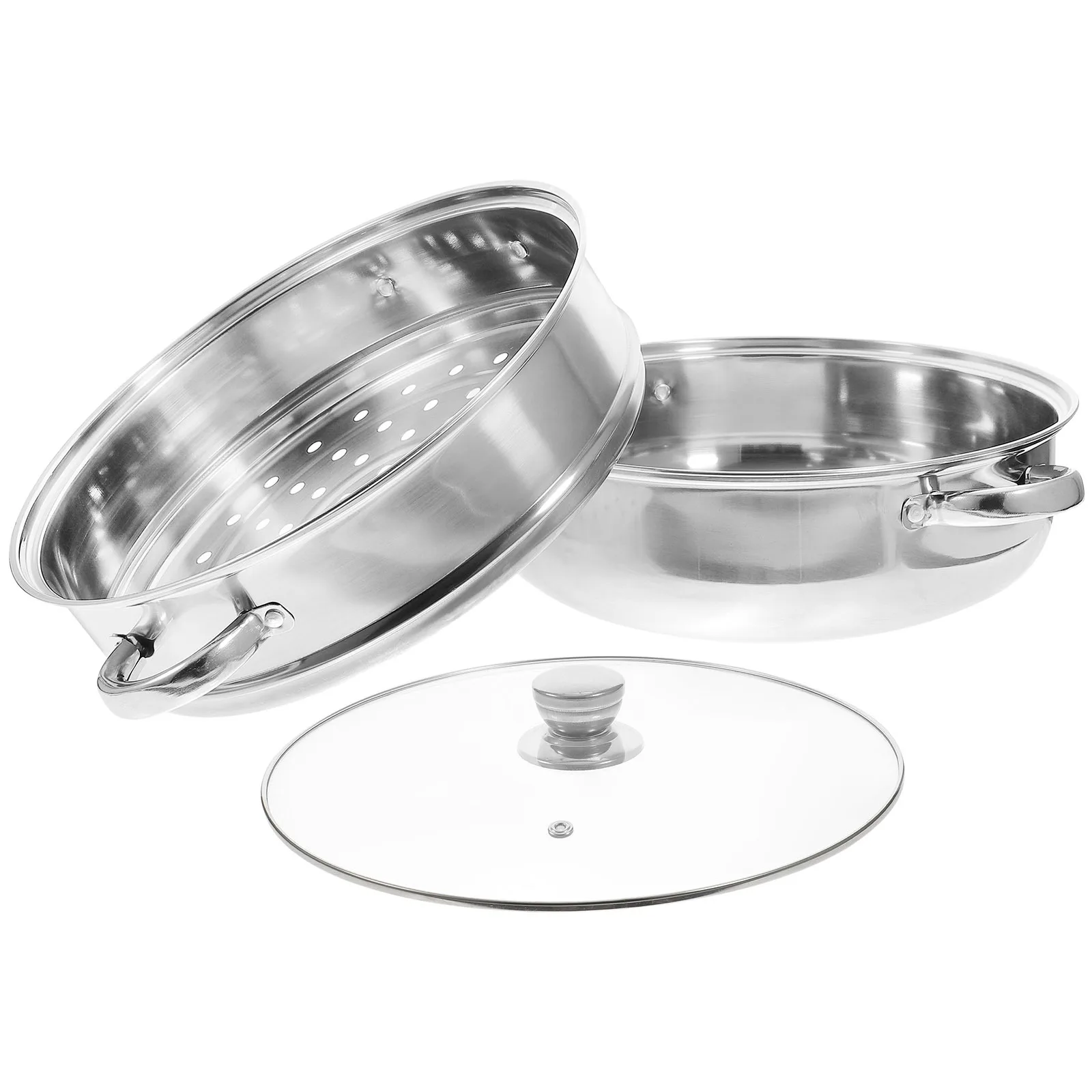 

Hoement 30CM Double Steaming Pot Stainless Steel Basket Glass Lid Dishwasher Safe for Gas Induction Electric Cooktops