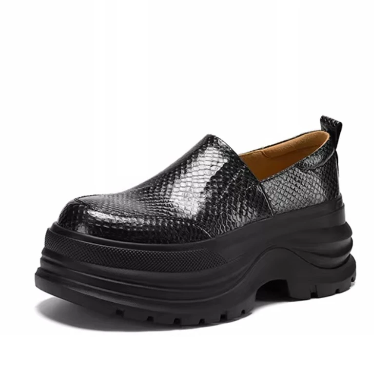 Design Height Increasing Slip on Casual Women's Shoes British Style Platform Genuine Leather Fashion Loafers Lady Thick Sole
