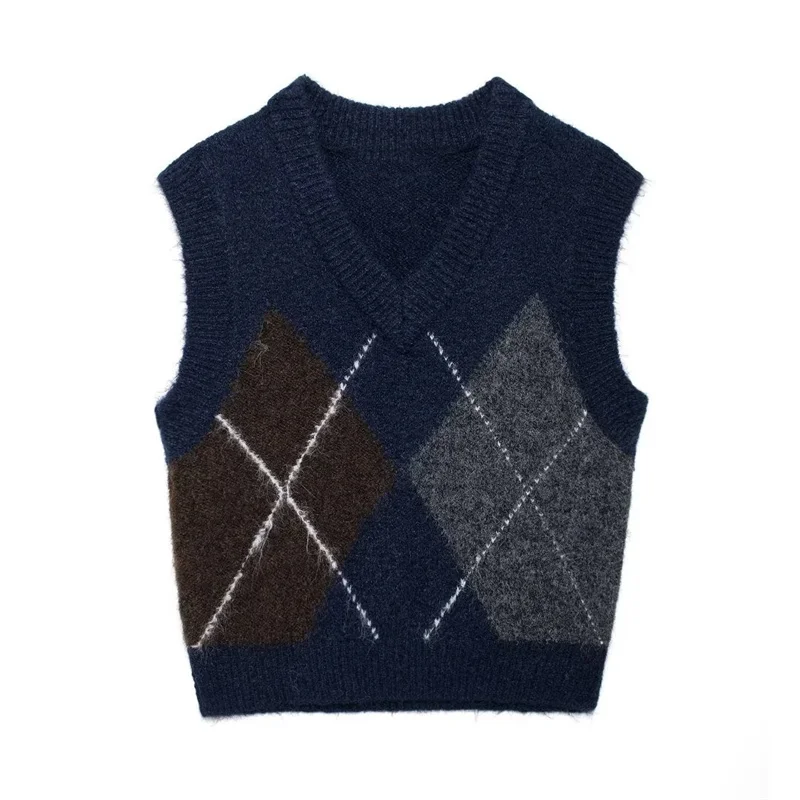 ZBZA Autumn Women's Sweater Vest Top Diamond Pattern Sleeveless Pullover Knitted Tops 2024 New Fashion Short Undershirt