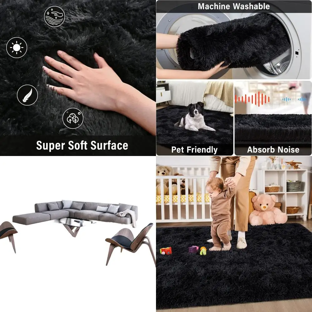 

Large Soft Shaggy Rug for Home, Non-Slip Plush Black 9x12 Feet