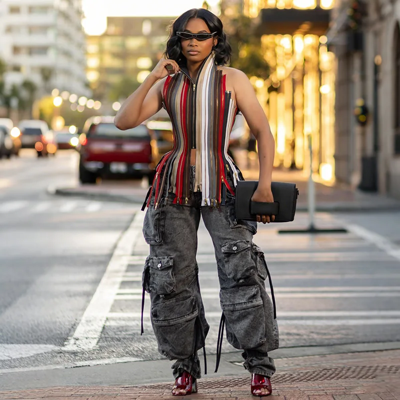 

Chic Zippers Colorful Striped Asymmetrical Tank Tops Women Sexy Halter Grommet Lace Up Backless Slim T-shirts Y2K Streetwear