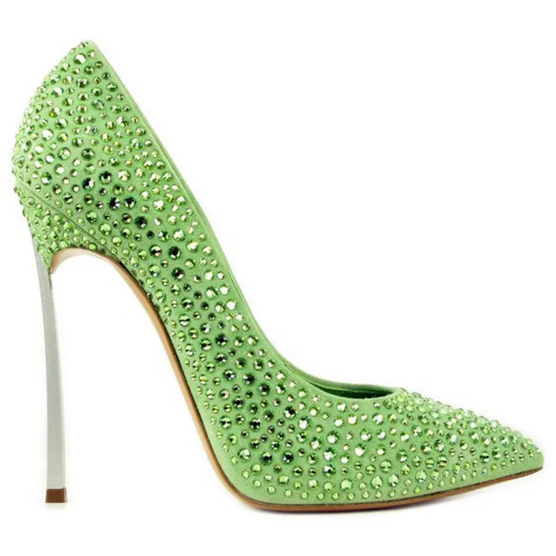 

Fruit Green Full Rhinestone Drilled Pumps Blade High Heels Pointed Toe Women Red Rose Crystal Metal Heels Single Dress Shoes