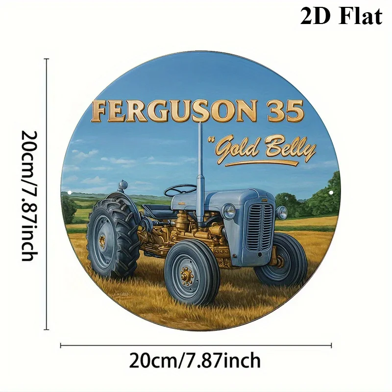 2D Flat, 1pc Ferguson 35 Golden Belly Vintage Farm Tractor Metal Sign - 8-Inch Round Agricultural Collectible Plaque Suitable fo