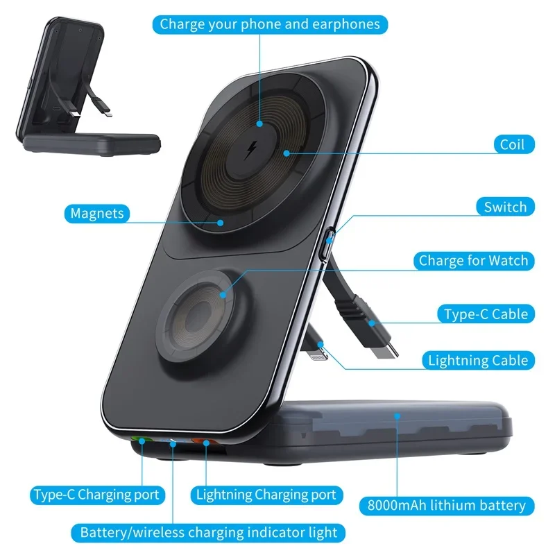 Wireless Power Bank3-in-1 Foldable Charging Stand Magnetic Fast Charger For Apple Watch Airpods iPhone External Spare Battery