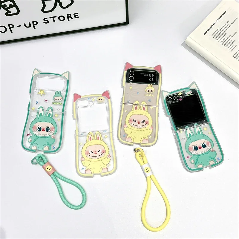 Hot Cartoon Labubu 3D Cat Ear with Lanyard Phone Case for Samsung Galaxy Z Flip 3 4 Z Flip 5 6 5G PC Hard Anti-drop Back Cover