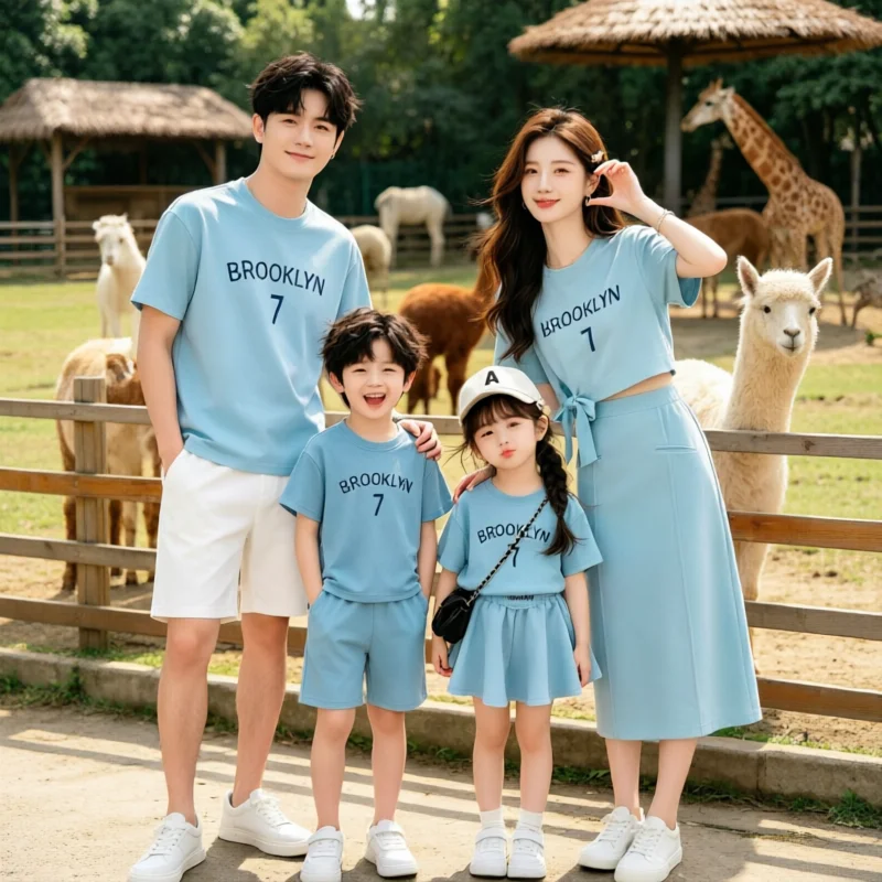 Summer Korean Style Family Matching Outfits Family Of 4 Short Sleeve Tee Mommy & Me Top Skirt 2PCS Set Casual Daily Wear Photo