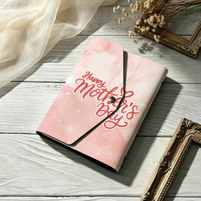 Happy Mother's Day PU Leather Photo Album Envelope Style Snap Closure Travel Memory Keepsake Book Pink Glitter Marble Cover