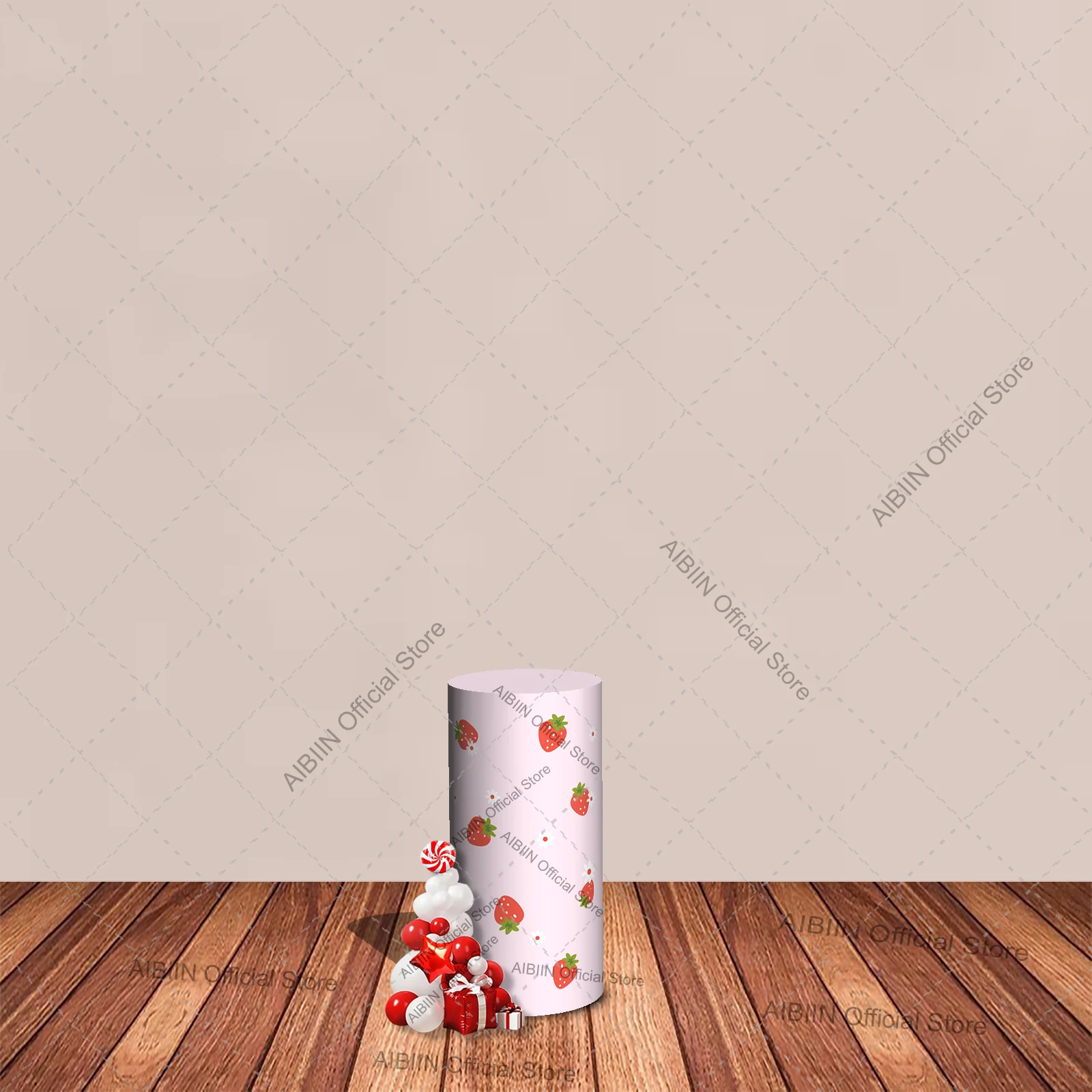 Strawberry Happy Birthday Cylinder Backdrop Cover Daisy Floral Pink Kids Baby Shower Party Pedestal Column Cover Background view 2