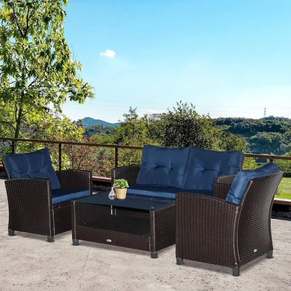 4-Piece Outdoor Patio Furniture Set with Cushions, PE Rattan Wicker Chairs, Blue