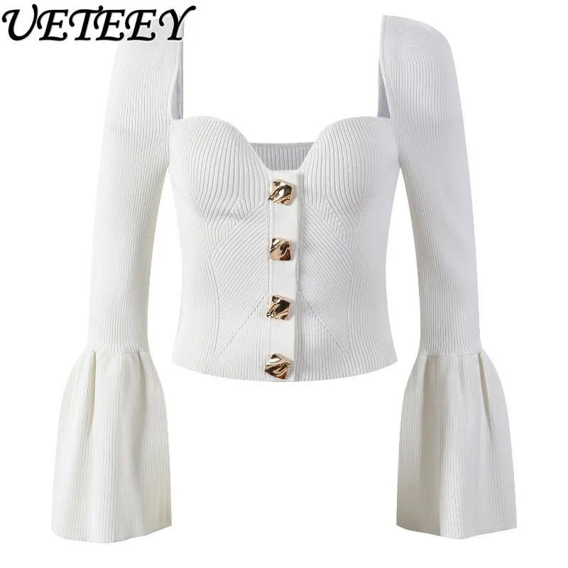 

Summer New Sexy Square Neck White Slim Fit Ruffle Long Sleeve Knitted Top Fashion Versatile Single-Breasted Sweater Cardigan