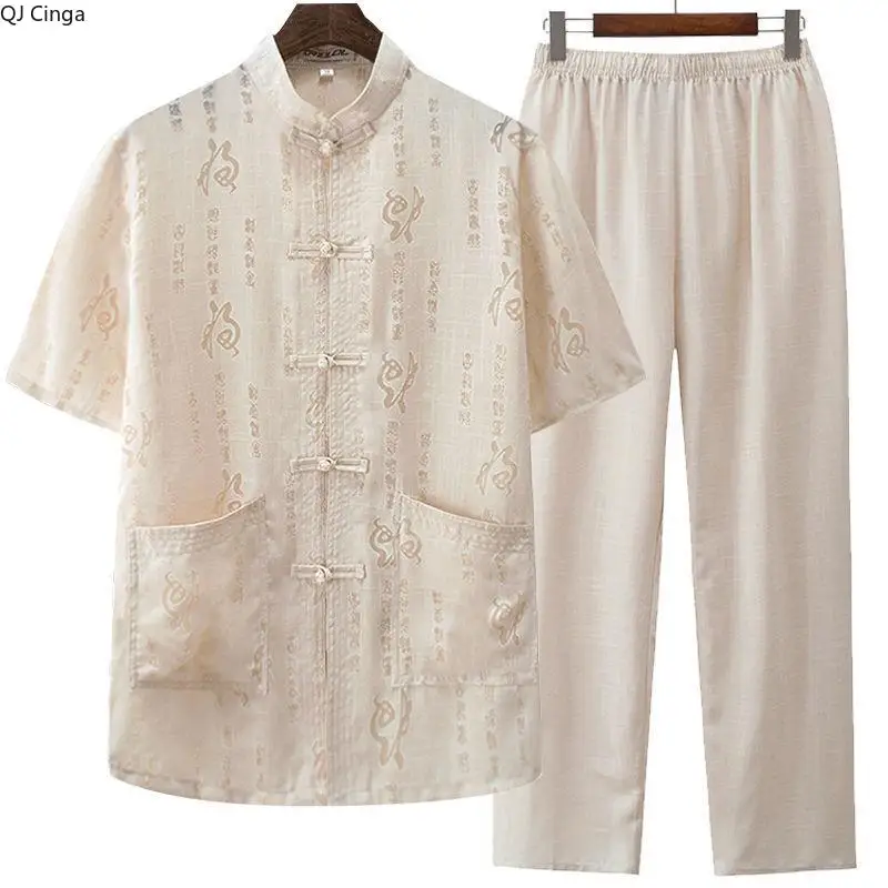 Chinese-style Men's Apricot Printed Two-piece Set, Asian Sizes Short-sleeved Shirt Paired with Elastic Waist 9/10 Length Pants.