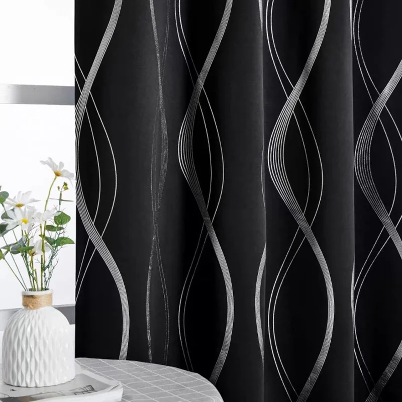 Windows Blackout Curtains Silver Wave Pattern High Shading Door Drape 1 Piece for Living Room Bedroom Children's Room Kitchen