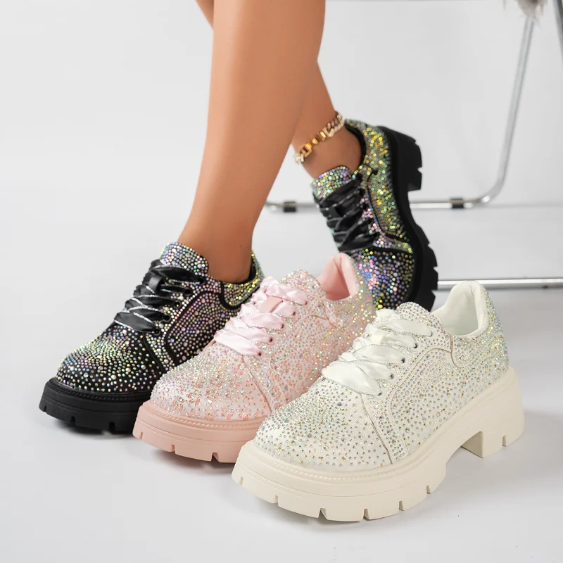 Luxurious Rhinestone Women's Shoes Thick Soled Lightweight High Street Mujeres Sneaker Women Bling Crystal Wedge Heels Sneakers