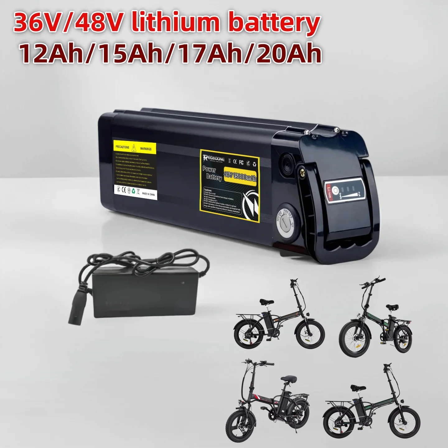 36V/48V Lithium Battery 12Ah/15Ah/17Ah/20Ah Silver Fish Replacement Battery Compatible with Eight Sided 250W~1000W Bike Motors.