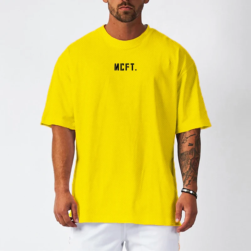 Oversized Half Sleeve Mens Running T-shirt Dropped Shoulder Loose Fitness Tees Summer Mesh Quick Dry Gym Bodybuilding Tops Tees