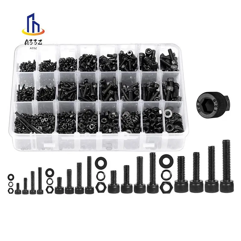 

A33Z-1600Pcs Hex Socket Head Cap Machine Screws Nuts And Bolts Assortment Kit Black Steel
