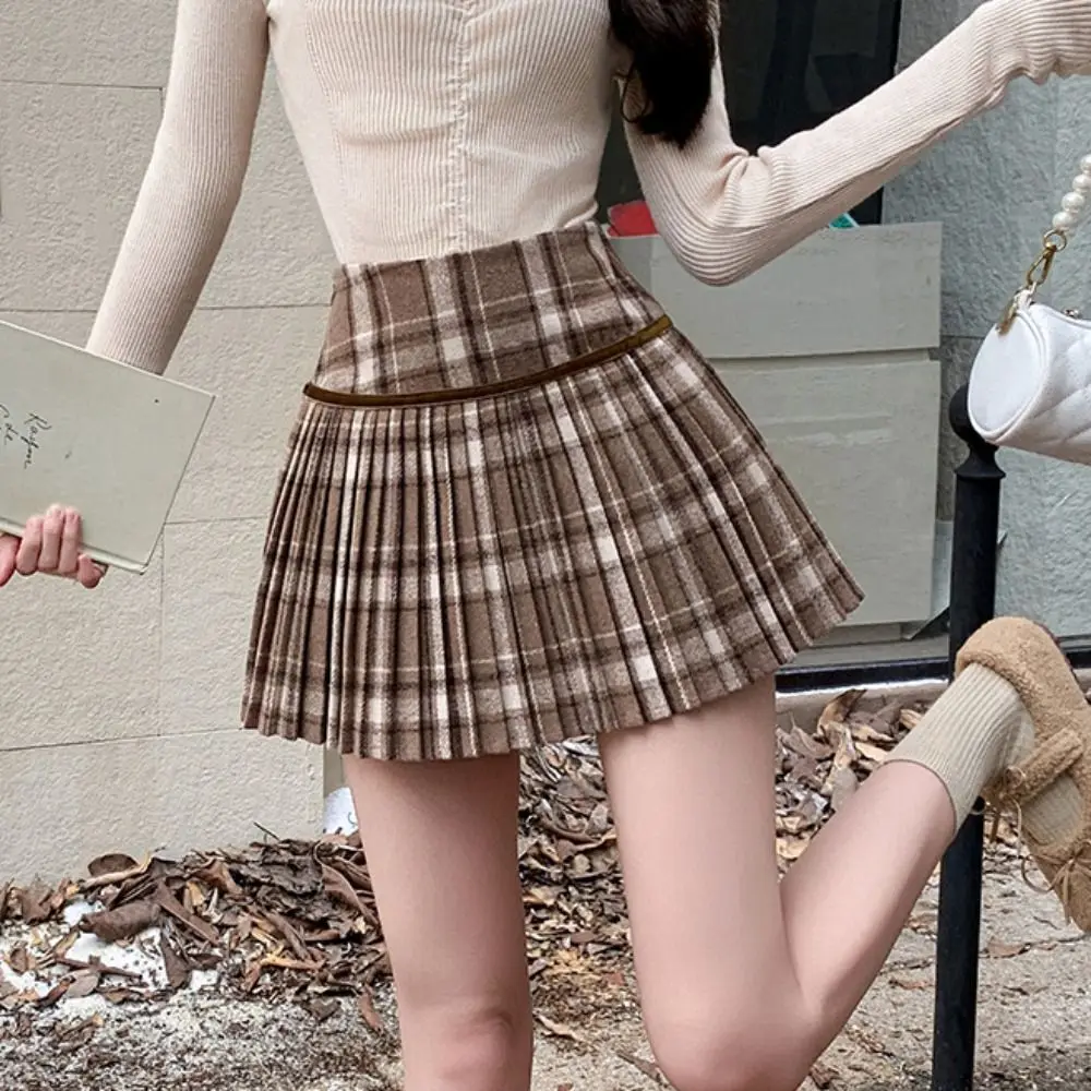 

Elastic Plaid Woolen Pleated Skirt Korean Style Harajuku High Waist A-line Skirt Dress Tiered Short Mini Skirts Girls Lady