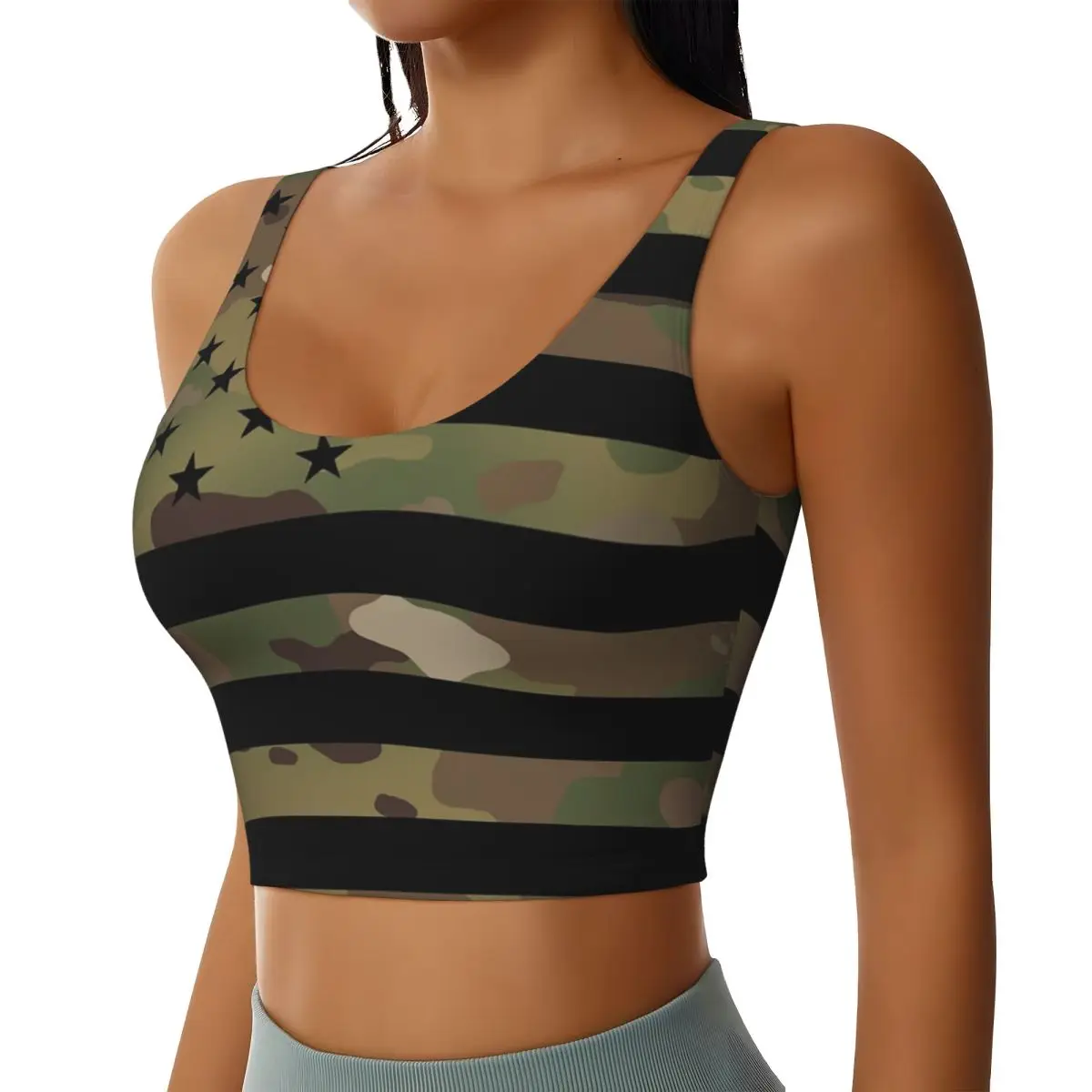 Custom Women Military Camouflage Sports Bras U.S. Flag Camo High Impact Gym Workout Running Crop Tank Tops