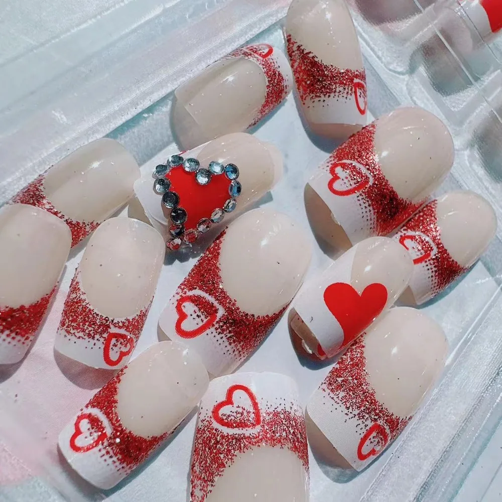 Medium Square False Nails with Sparkly Rhinestone Designs - DIY Nail Art Kit, Reusable French Tips, 24 Pieces