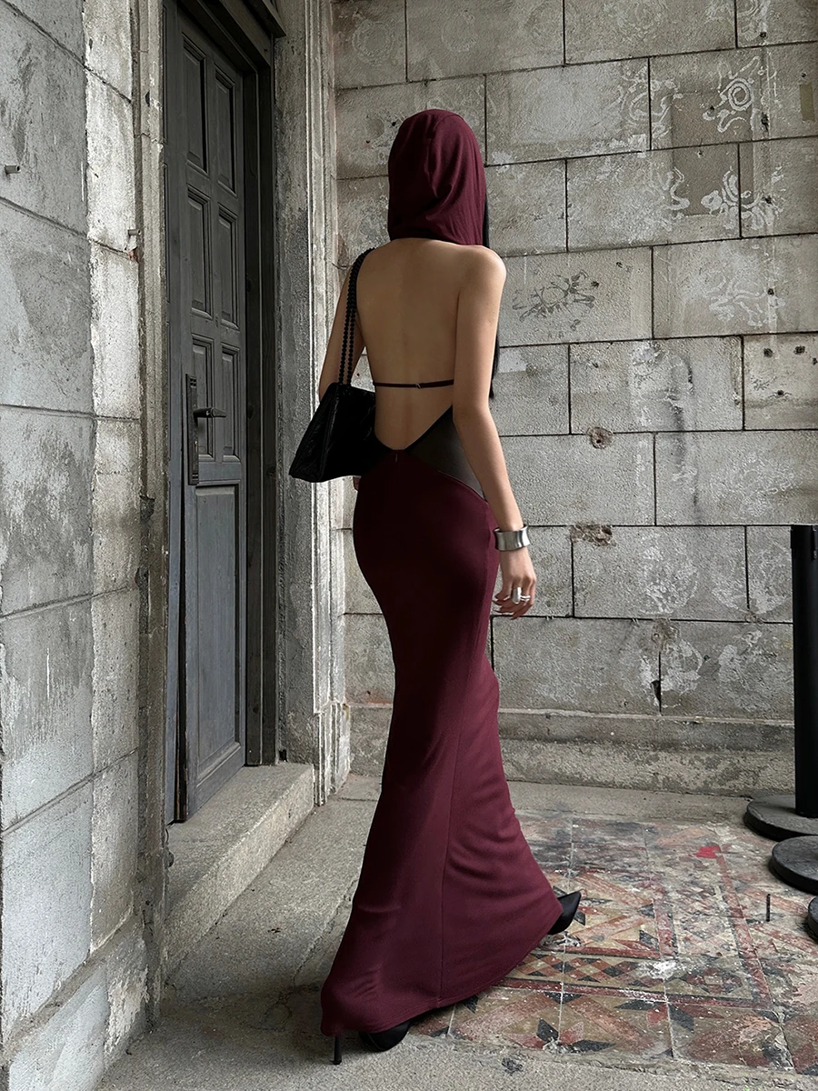 REDDACHiC Hooded Maxi Long Evening Dress Women Sheer Mesh Stitch Sleeveless Backless Slim Mermaid One-piece Sexy Prom Party Gown