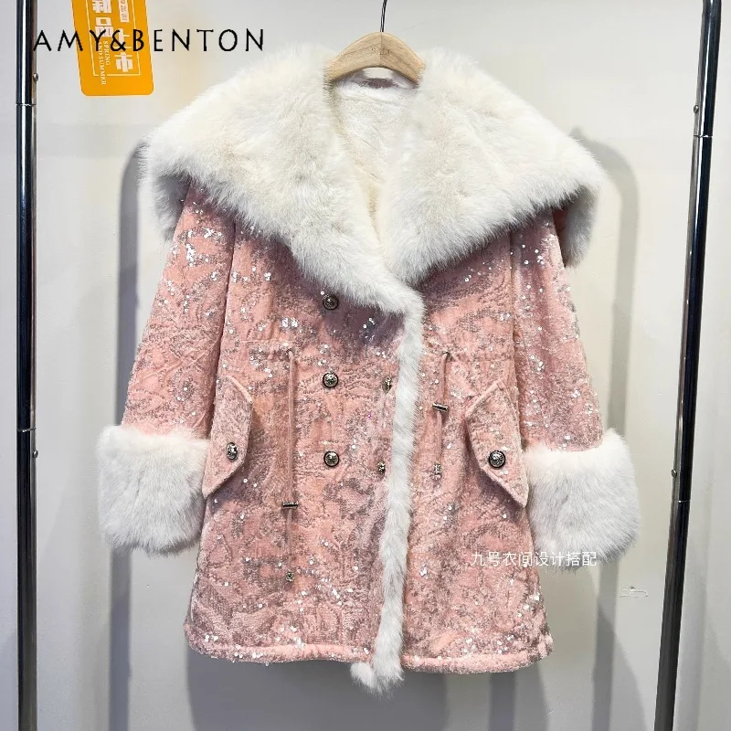 Elegant Chic Luxury Heavy Embroidery Sequin Eco-Friendly European Mink Furry Coat New Winter Double-breasted Faux Fur Jacket