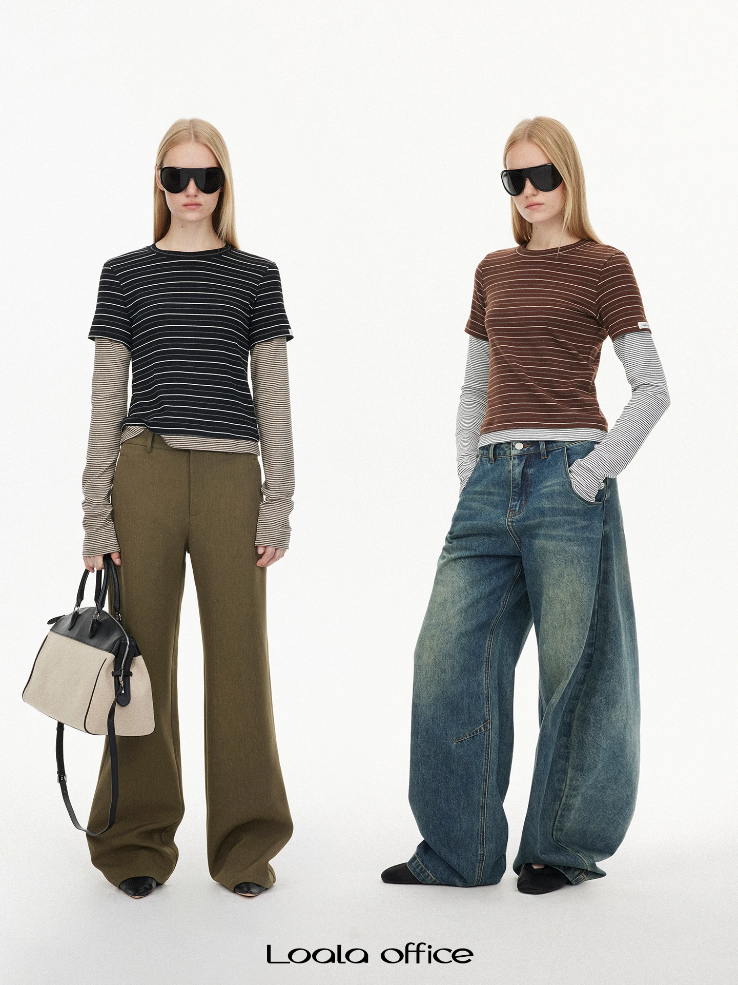 

Loala Office Retro Striped Knitted H-ape round Ne Top Fake Two-Piece Casual Cotton Long Sve Women's Knitted Sweater